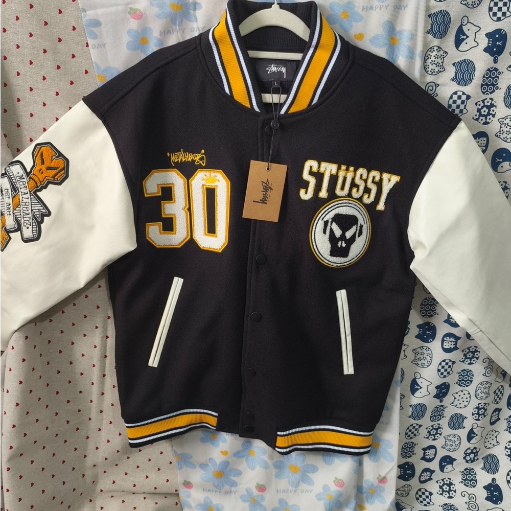 Stussy Black, White & Yellow Varsity Bomber Jacket - Picture 3 of 11